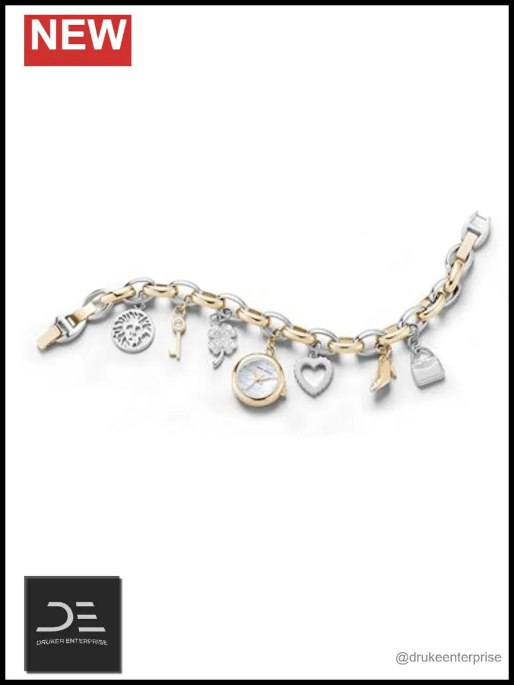 Premium Crystal Accented Gold-Tone Charm Bracelet Watch, Japanese Quartz